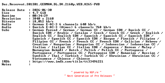 NFO for the release Das.Reservat.S01E01.GERMAN.DL.DV.2160p.WEB.H265-FWB by FWB