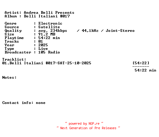 NFO for the release Andrea_Belli_Presents-Belli_Italiani_017-SAT-25-10-2025-LFA by LFA