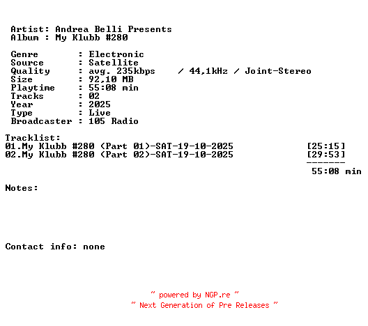 NFO for the release Andrea_Belli_Presents-My_Klubb_280-SAT-19-10-2025-LFA by LFA