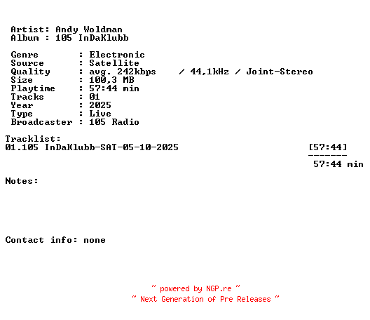 NFO for the release Andy_Woldman-105_InDaKlubb-SAT-05-10-2025-LFA by LFA