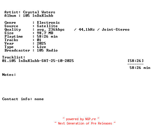 NFO for the release Crystal_Waters-105_InDaKlubb-SAT-25-10-2025-LFA by LFA