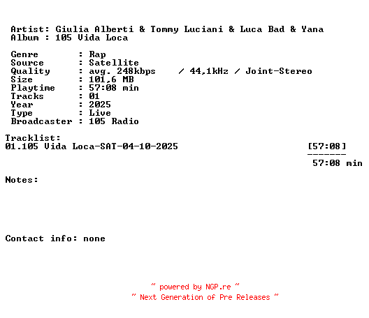 NFO for the release Giulia_Alberti_and_Tommy_Luciani_and_Luca_Bad_and_Yana-105_Vida_Loca-SAT-04-10-2025-LFA by LFA