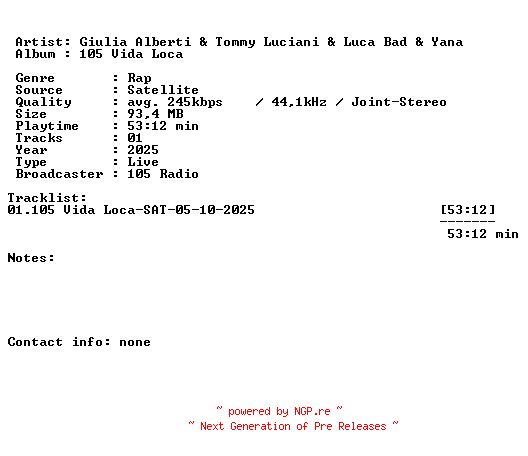 NFO for the release Giulia_Alberti_and_Tommy_Luciani_and_Luca_Bad_and_Yana-105_Vida_Loca-SAT-05-10-2025-LFA by LFA