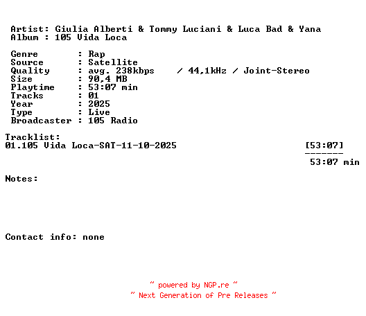 NFO for the release Giulia_Alberti_and_Tommy_Luciani_and_Luca_Bad_and_Yana-105_Vida_Loca-SAT-11-10-2025-LFA by LFA