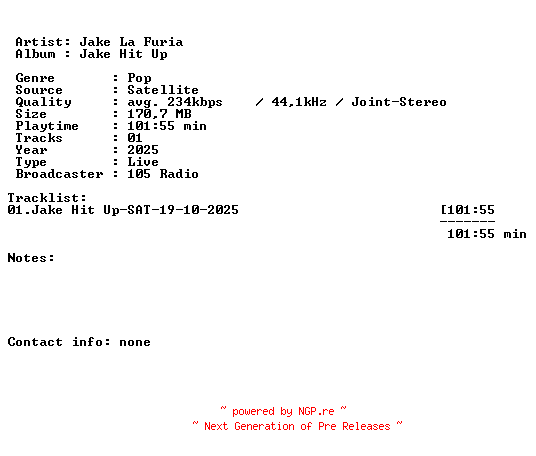 NFO for the release Jake_La_Furia-Jake_Hit_Up-SAT-19-10-2025-LFA by LFA