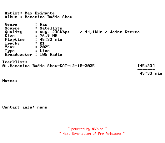 NFO for the release Max_Brigante-Mamacita_Radio_Show-SAT-12-10-2025-LFA by LFA