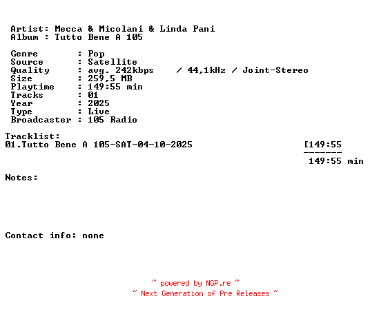 NFO for the release Mecca_and_Micolani_and_Linda_Pani-Tutto_Bene_A_105-SAT-04-10-2025-LFA by LFA