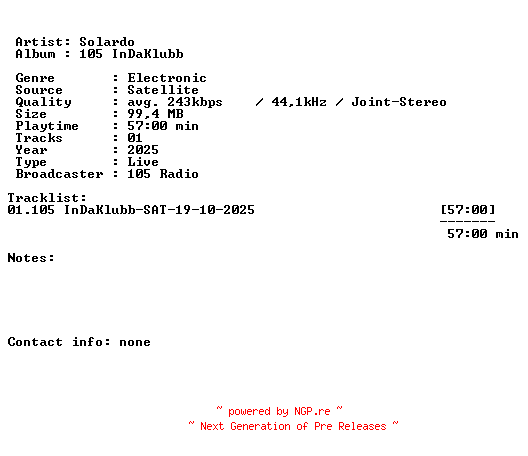 NFO for the release Solardo-105_InDaKlubb-SAT-19-10-2025-LFA by LFA
