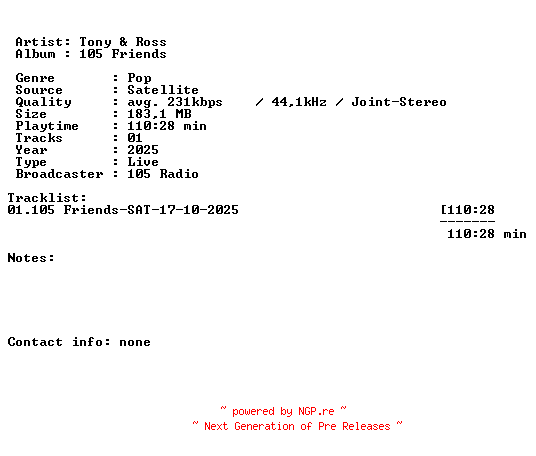 NFO for the release Tony_and_Ross-105_Friends-SAT-17-10-2025-LFA by LFA