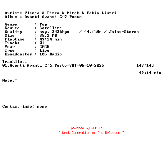 NFO for the release Ylenia_and_Pizza_and_Mitch_and_Fabio_Liuzzi-Avanti_Avanti_Ce_Posto-SAT-06-10-2025-LFA by LFA