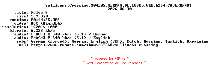 NFO for the release Sullivans.Crossing.S04E05.GERMAN.DL.1080p.WEB.h264-SAUERKRAUT by SAUERKRAUT