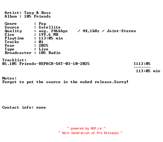 NFO for the release Tony_and_Ross-105_Friends-REPACK-SAT-03-10-2025-LFA by LFA