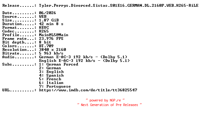 NFO for the release Tyler.Perrys.Divorced.Sistas.S01E16.GERMAN.DL.2160P.WEB.H265-RiLE by RiLE