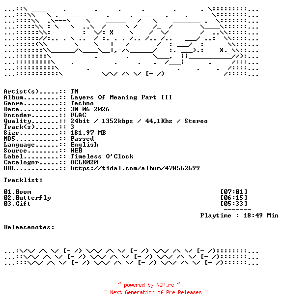 NFO for the release TM-Layers_Of_Meaning_Part_III-OCLK020-24BIT-WEB-FLAC-2025-WAVED by WAVED