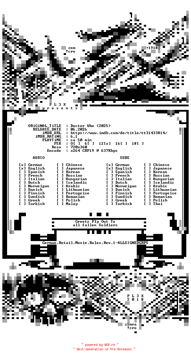 NFO for the release Doctor.Who.2025.S02E03.German.DL.BDRiP.x264-PL3X by PL3X