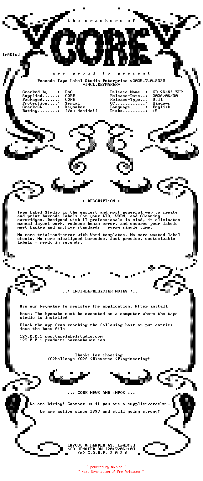 NFO for the release Peacode.Tape.Label.Studio.Enterprise.v2025.7.0.8330.x64.Incl.Keymaker-CORE by CORE