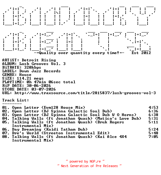 NFO for the release Detroit_Rising-Lush_Grooves_Vol._3-(DJRLUSH003)-WEB-2026-BB by BB