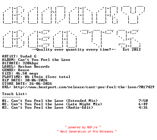 NFO for the release Sudad_G-Cant_You_Feel_The_Love-(ROS025)-WEB-2026-BB by BB