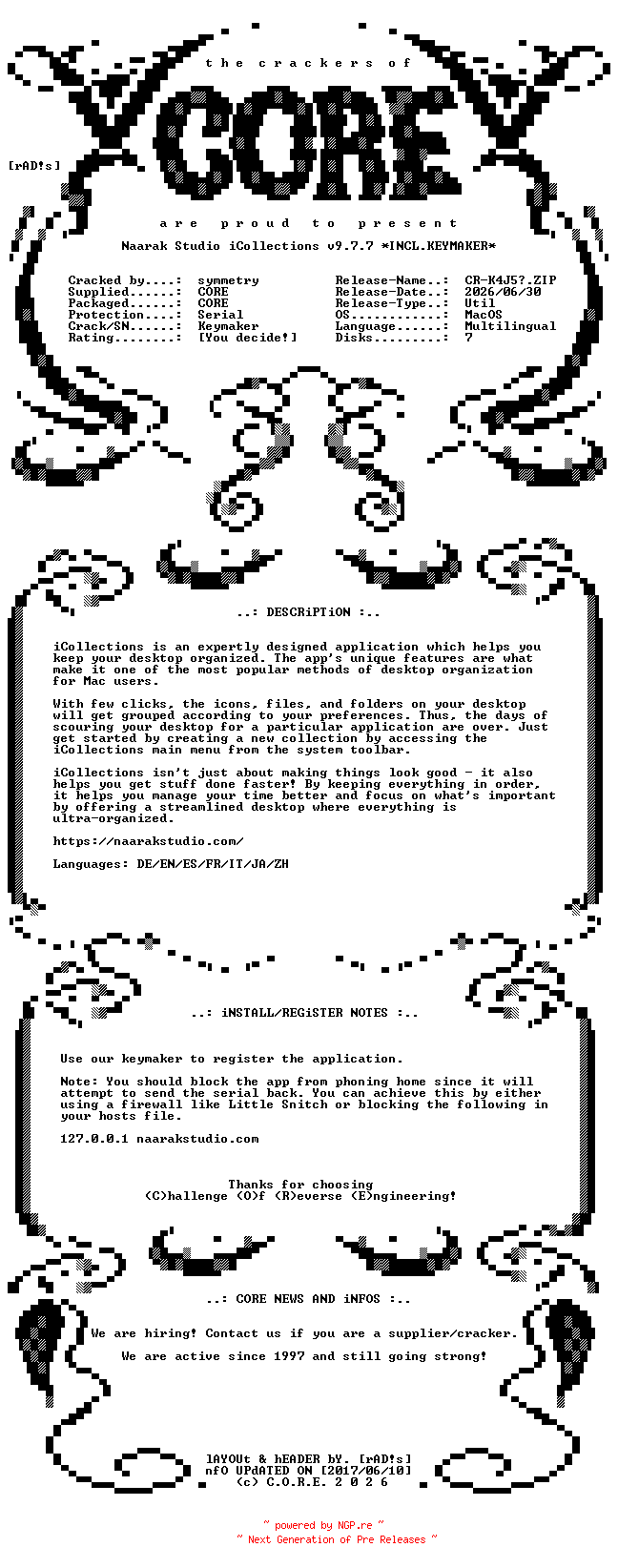 NFO for the release Naarak.Studio.iCollections.v9.7.7.MacOS.UB.Multilingual.Incl.Keymaker-CORE by CORE