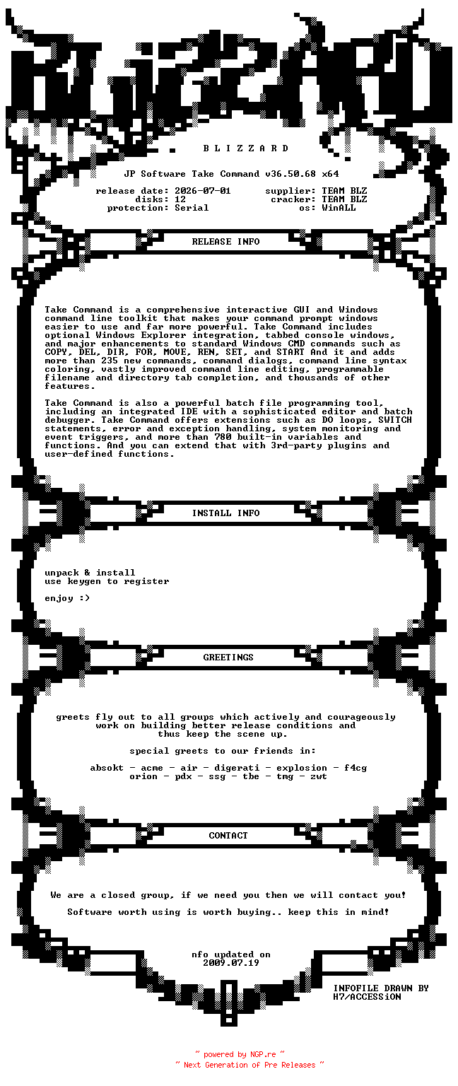 NFO for the release JP.Software.Take.Command.v36.50.68.x64.WinALL.Incl.Keygen-BLiZZARD by BLiZZARD