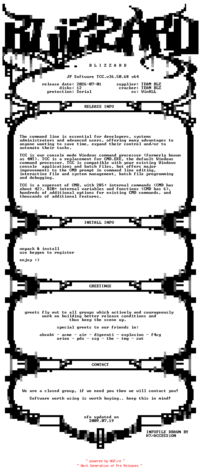 NFO for the release JP.Software.TCC.v36.50.68.x64.WinALL.Incl.Keygen-BLiZZARD by BLiZZARD