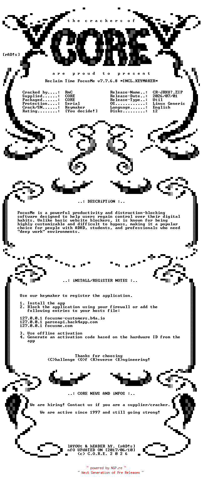 NFO for the release Reclaim.Time.FocusMe.v7.7.6.8.Linux.Generic.x64.Incl.Keymaker-CORE by CORE