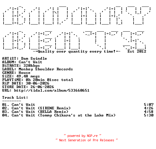 NFO for the release Dam_Swindle-Cant_Wait-(3790098)-WEB-2026-BB by BB