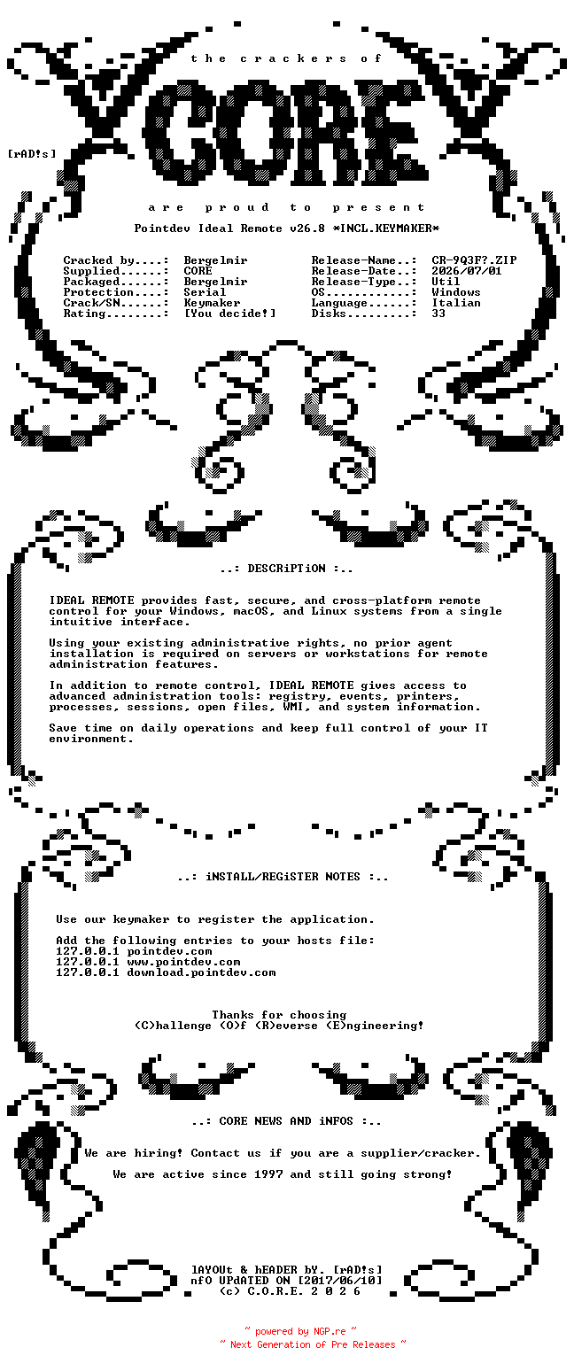 NFO for the release Pointdev.Ideal.Remote.v26.8.x64.Italian.Incl.Keymaker-CORE by CORE