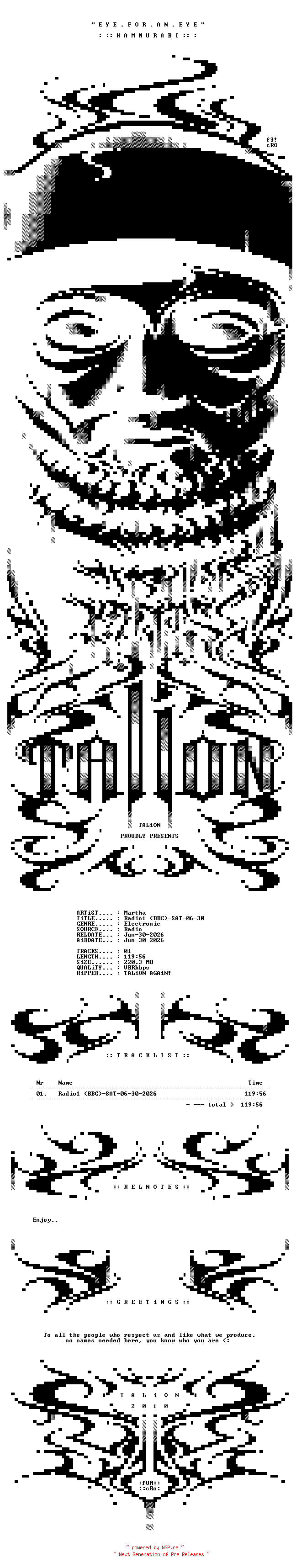 NFO for the release Martha_-_Radio1_(BBC)-SAT-06-30-2026-TALiON by TALiON