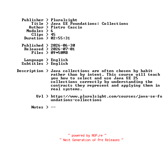 NFO for the release Pluralsight.Java.SE.Foundations.Collections.2026.BOOKWARE-GETH by GETH