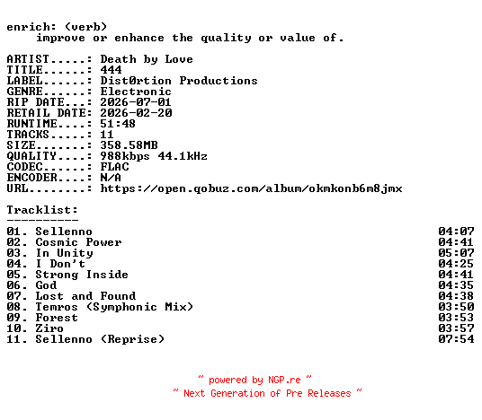NFO for the release Death_by_Love-444-16BIT-WEB-FLAC-2026-ENRiCH by ENRiCH