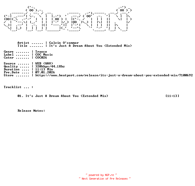 NFO for the release Calvin_Ocommor-Its_Just_A_Dream_About_You_(Extended_Mix)-(COC026)-SINGLE-WEB-2026-FALCON by FALCON