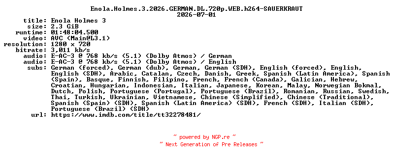 NFO for the release Enola.Holmes.3.2026.GERMAN.DL.720p.WEB.h264-SAUERKRAUT by SAUERKRAUT