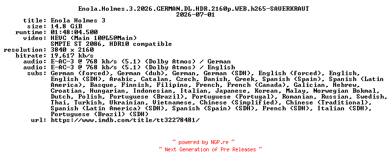 NFO for the release Enola.Holmes.3.2026.GERMAN.DL.HDR.2160p.WEB.h265-SAUERKRAUT by SAUERKRAUT