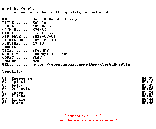 NFO for the release Batu_and_Donato_Dozzy-Exhale-(K7466D)-16BIT-WEB-FLAC-2026-ENRiCH by ENRiCH