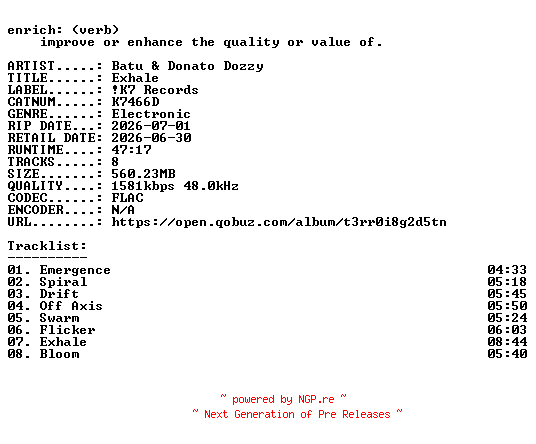 NFO for the release Batu_and_Donato_Dozzy-Exhale-(K7466D)-24BIT-WEB-FLAC-2026-ENRiCH by ENRiCH
