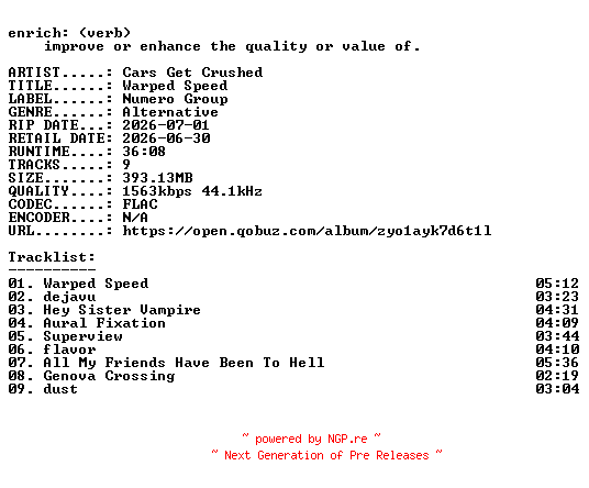 NFO for the release Cars_Get_Crushed-Warped_Speed-24BIT-WEB-FLAC-2026-ENRiCH by ENRiCH