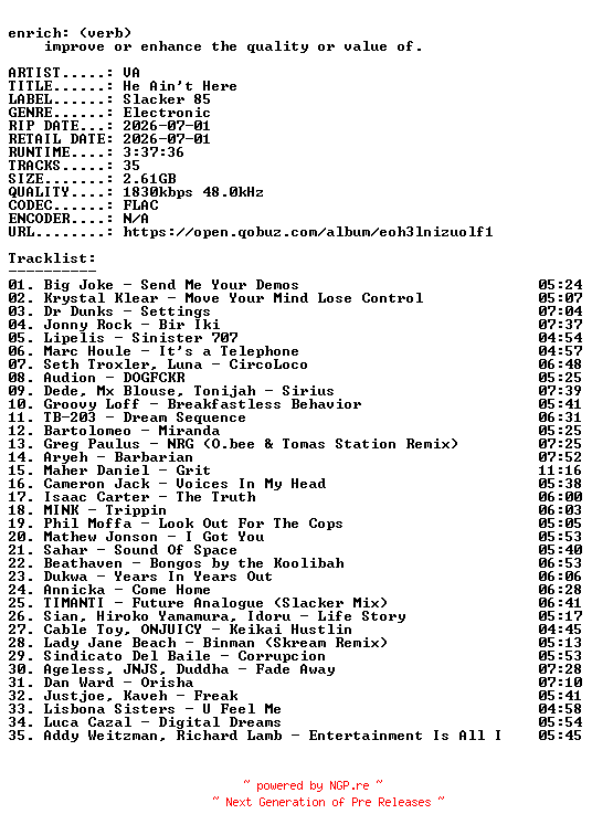 NFO for the release VA-He_Aint_Here-24BIT-WEB-FLAC-2026-ENRiCH by ENRiCH