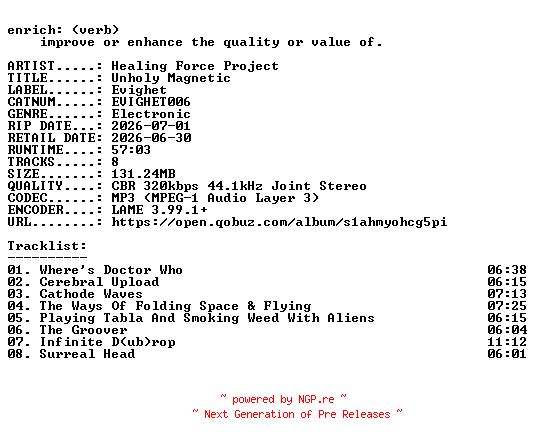 NFO for the release Healing_Force_Project-Unholy_Magnetic-(EVIGHET006)-WEB-2026-ENRiCH by ENRiCH