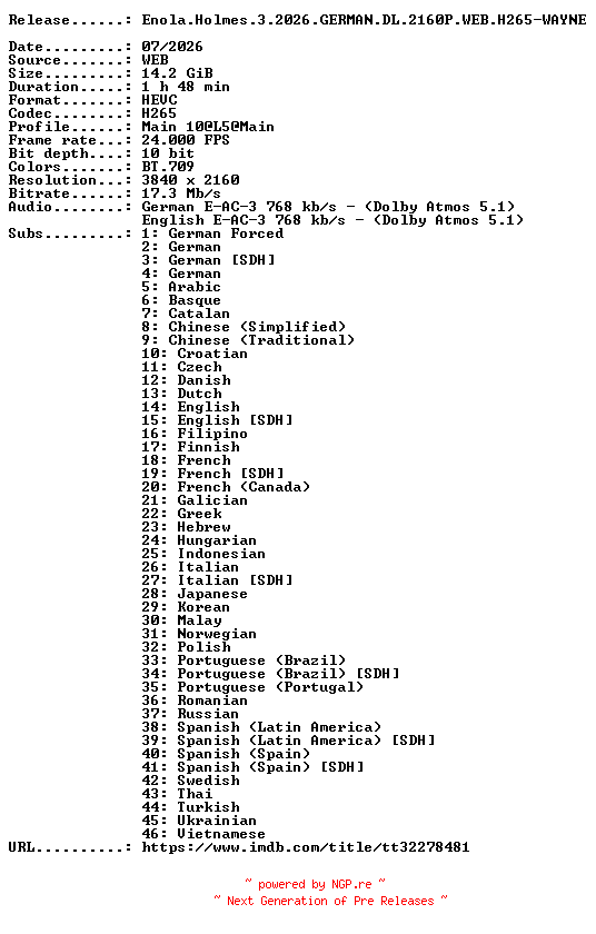 NFO for the release Enola.Holmes.3.2026.GERMAN.DL.2160P.WEB.H265-WAYNE by WAYNE