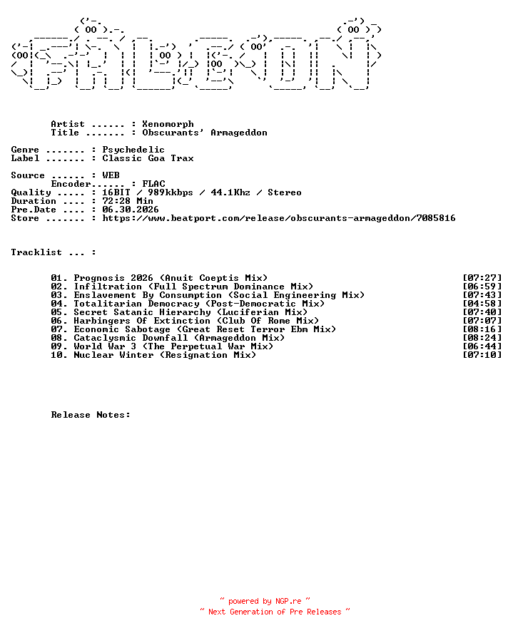 NFO for the release Xenomorph-Obscurants_Armageddon-(CGT113)-16BIT-WEB-FLAC-2026-FALCON by FALCON