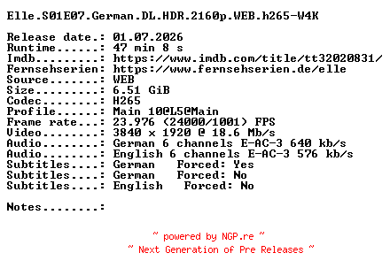 NFO for the release Elle.S01E07.German.DL.HDR.2160p.WEB.h265-W4K by W4K