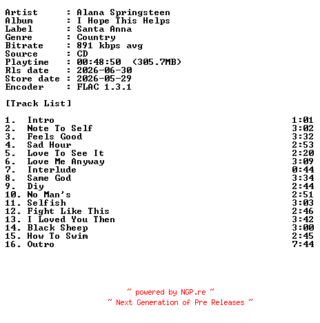 NFO for the release Alana_Springsteen-I_Hope_This_Helps-CD-FLAC-2026-PERFECT by PERFECT