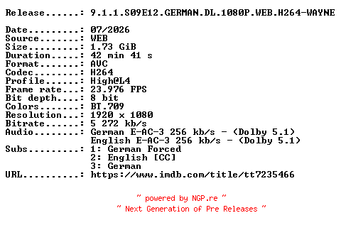 NFO for the release 9.1.1.S09E12.GERMAN.DL.1080P.WEB.H264-WAYNE by WAYNE