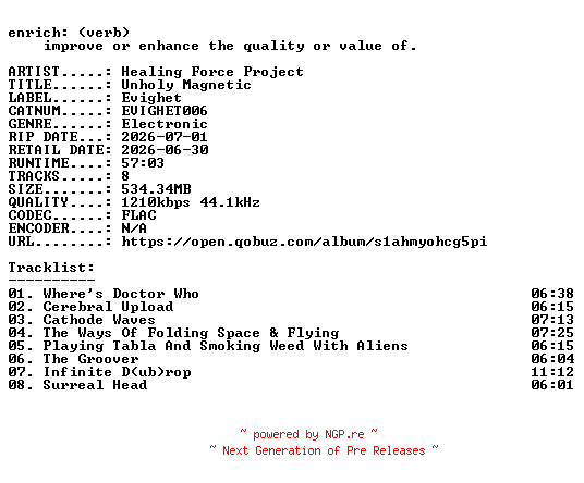 NFO for the release Healing_Force_Project-Unholy_Magnetic-(EVIGHET006)-24BIT-WEB-FLAC-2026-ENRiCH by ENRiCH