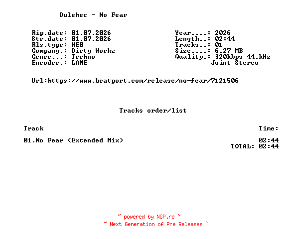 NFO for the release Dulehec_-_No_Fear-(DWX2168)-SINGLE-WEB-2026-FMC by FMC