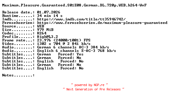NFO for the release Maximum.Pleasure.Guaranteed.S01E08.German.DL.720p.WEB.h264-WvF by WvF