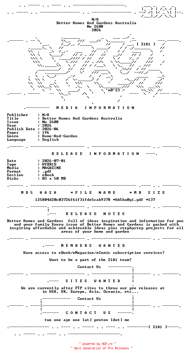 NFO for the release Better.Homes.And.Gardens.Australia.No.2608.2026.HYBRID.MAGAZINE.eBook-21A1 by 21A1