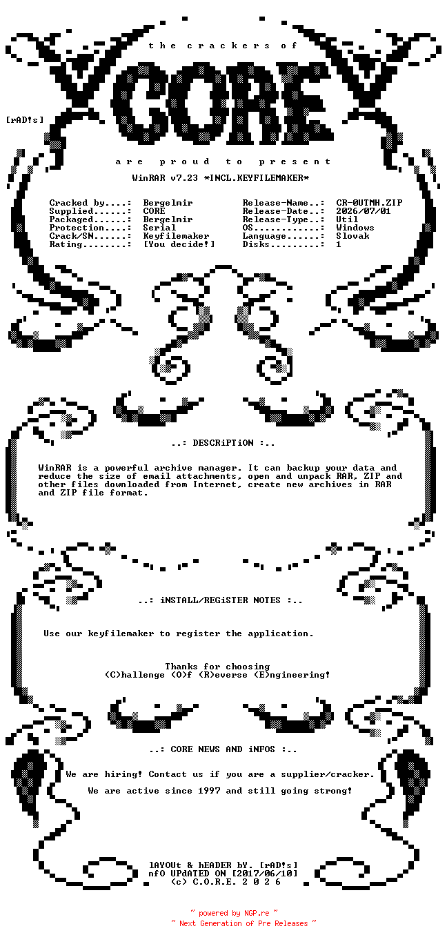 NFO for the release WinRAR.v7.23.x64.Slovak.Incl.Keyfilemaker-CORE by CORE