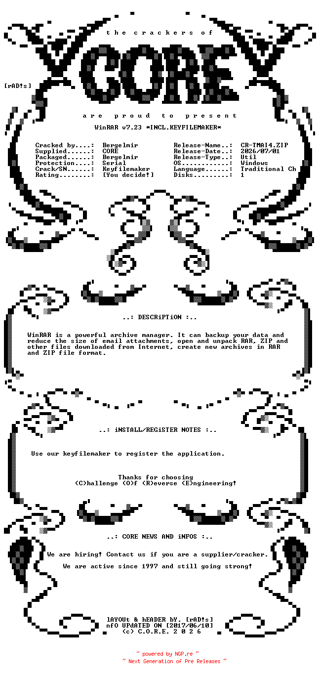NFO for the release WinRAR.v7.23.x64.Traditional.Chinese.Incl.Keyfilemaker-CORE by CORE
